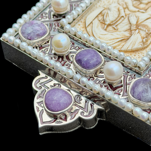 2.7.2076нргэ-14/132р Панагия из серебра 925 пробы в позолоте с иконой из бивня мамонта фото 2