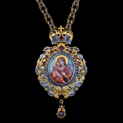 2.152.0005нпр-1/100пр Панагия серебряная 925 пробы с натуральными камнями