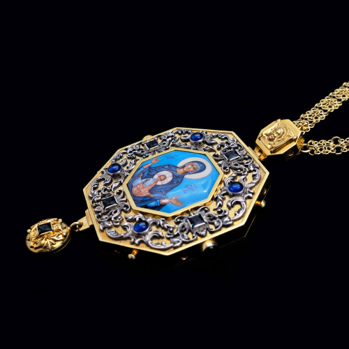 2.7.1593нп-1/104п Панагия из серебра 925 пробы с натуральными камнями в позолоте фото 6