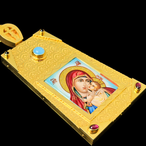 2.7.2410нп-15/112п Панагия из серебра 925 пробы в позолоте с иконописью на перламутре фото 3