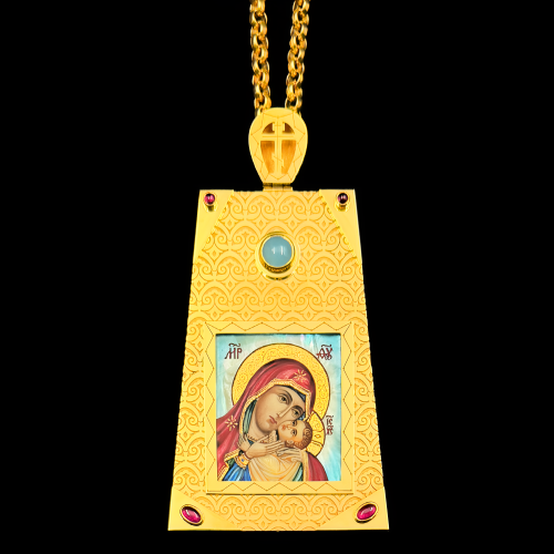 2.7.2410нп-15/112п Панагия из серебра 925 пробы в позолоте с иконописью на перламутре