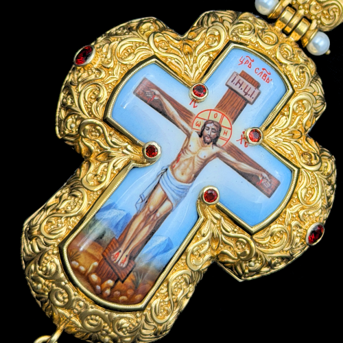 2.10.0215нп-1/73п Крест наперсный из серебра 925 пробы в позолоте фото 4