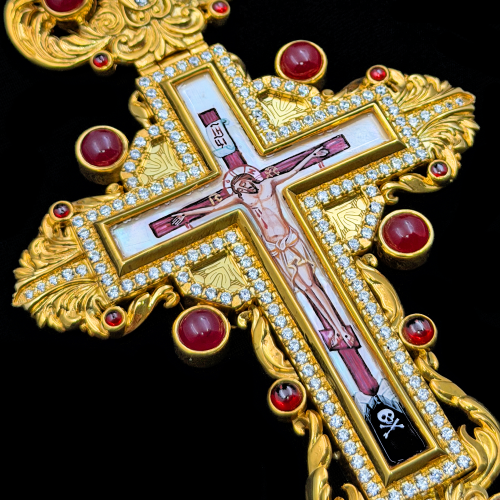 2.10.0651нп-1/41п Крест наперсный из серебра 925 пробы в позолоте фото 4