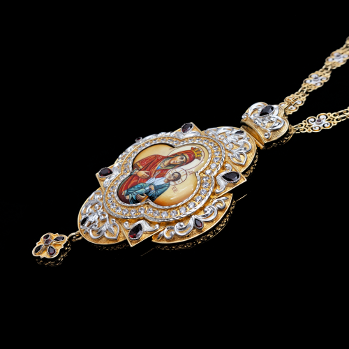 2.7.1169нп-1/97нп Панагия серебряная 925 пробы с фрагментарной позолотой и натуральными камнями фото 6