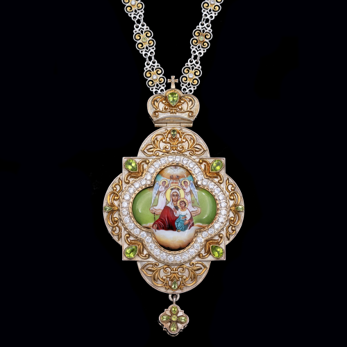 2.7.1169нф-1/97н  Панагия серебряная 925 пробы с натуральными камнями и фрагментарной позолотой 