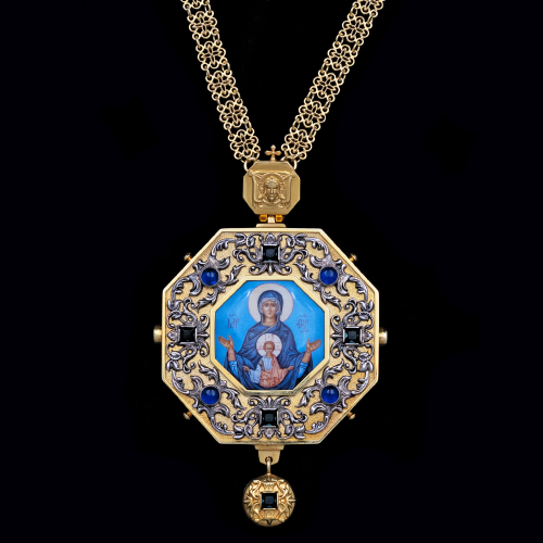 2.7.1593нп-1/104п Панагия из серебра 925 пробы с натуральными камнями в позолоте