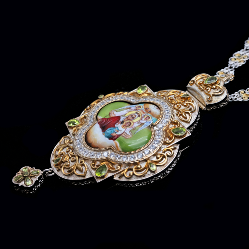 2.7.1169нф-1/97н  Панагия серебряная 925 пробы с натуральными камнями и фрагментарной позолотой  фото 6