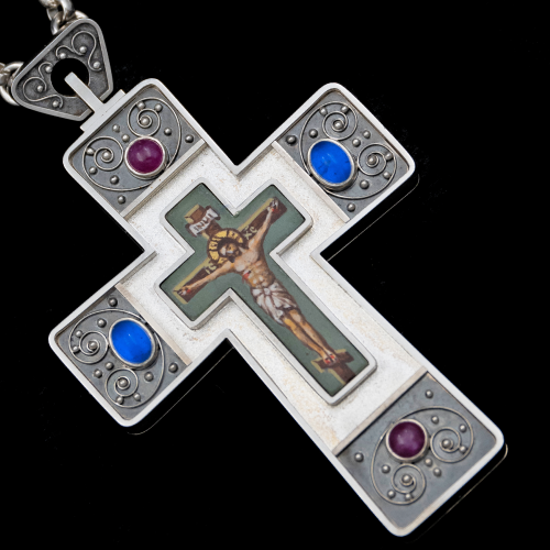 2.10.0607нр-26/112 Крест наперсный из серебра 925 пробы с натуральными камнями фото 3