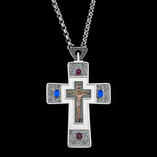 2.10.0607нр-26/112 Крест наперсный из серебра 925 пробы с натуральными камнями