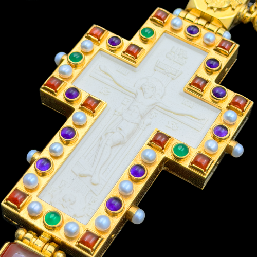 2.10.0533нп-14/112п Крест наперсный из серебра 925 пробы в позолоте фото 4