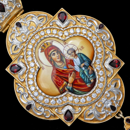 2.7.1169нп-1/97нп Панагия серебряная 925 пробы с фрагментарной позолотой и натуральными камнями фото 4