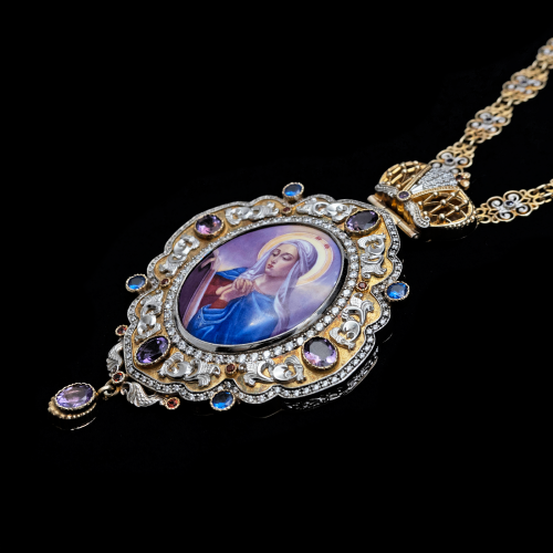 2.7.1137нп-1/97нп Панагия серебряная 925 пробы с фрагментарной позолотой и натуральными камнями фото 6